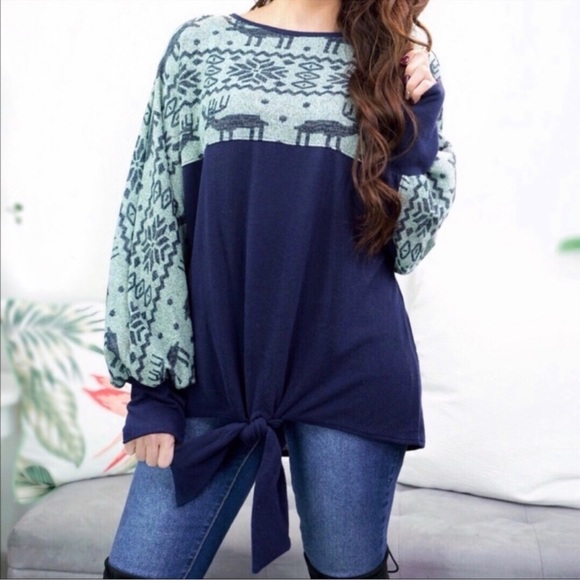 New Fair Isle Holiday Tie Front Top - Picture 2 of 6